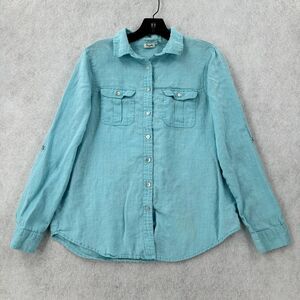 Sympli‎ NYC Linen Blouse Womens MEDIUM Button Front Blue Roll Tab Sleeve Top